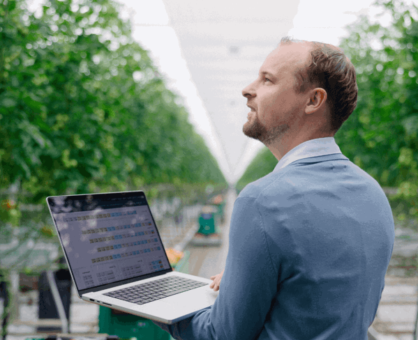 Man using a laptop in a high-tech greenhouse, monitoring crops and data in a modern indoor farming environment